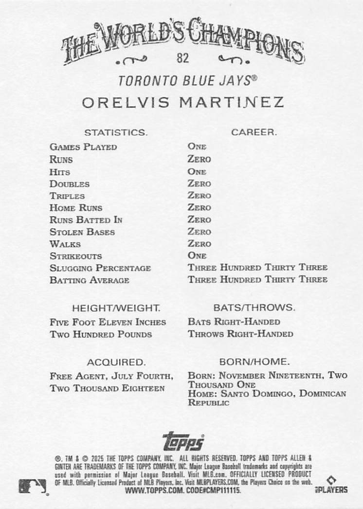 2025 Topps Allen & Ginter Baseball Orelvis Martinez #82 Rookie