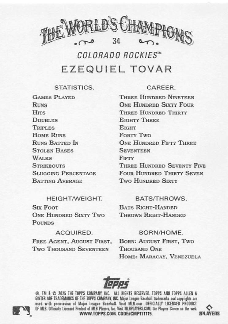 2025 Topps Allen & Ginter Baseball Ezequiel Tovar #34