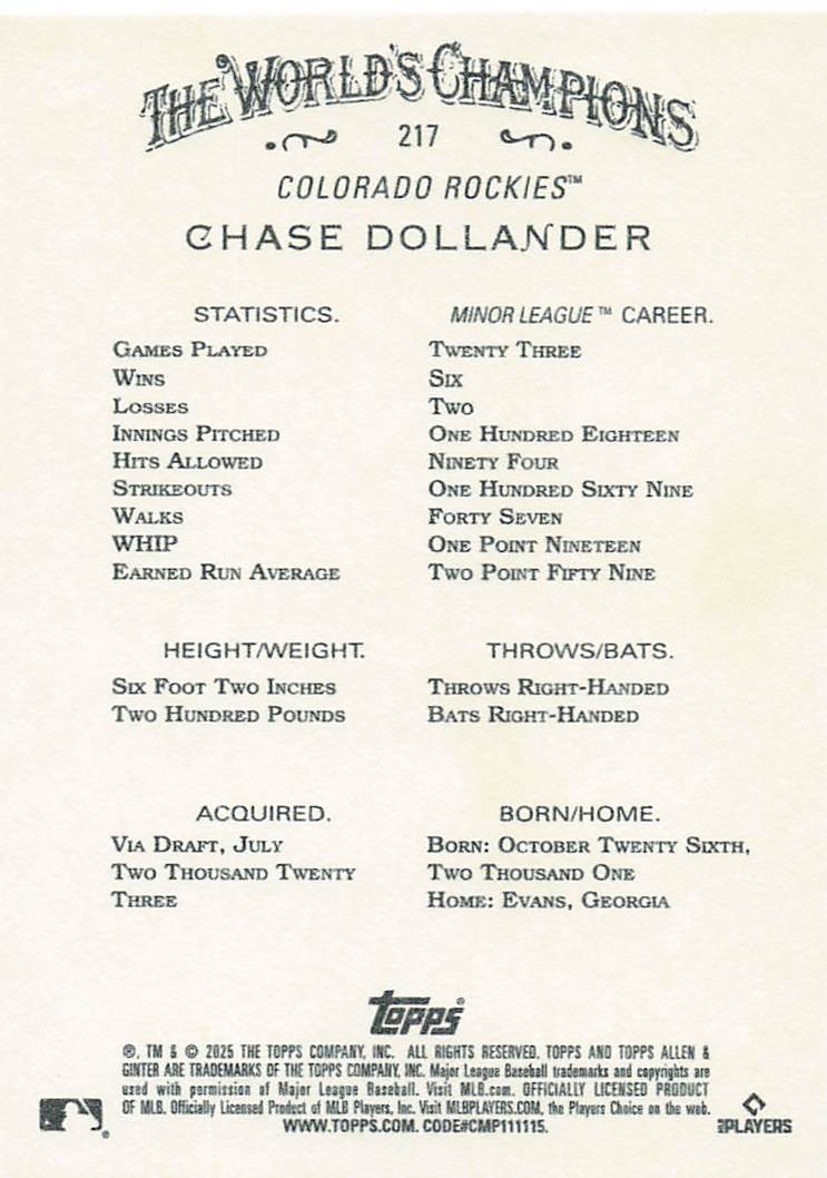 2025 Topps Allen & Ginter Baseball Chase Dollander #217 Rookie