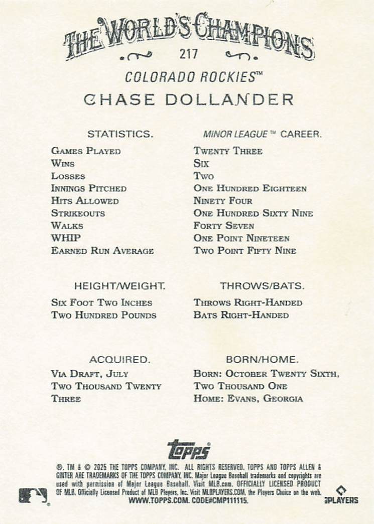 2025 Topps Allen & Ginter Baseball Foil Filagree Chase Dollander #217 Rookie