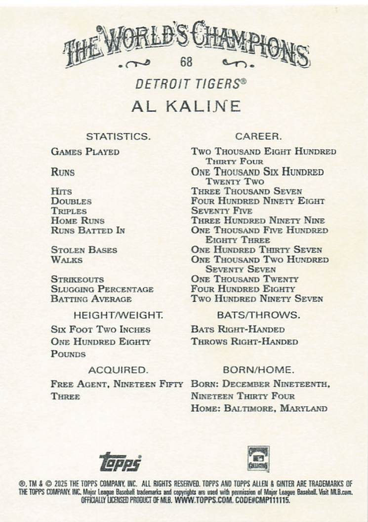 2025 Topps Allen & Ginter Baseball Al Kaline #68
