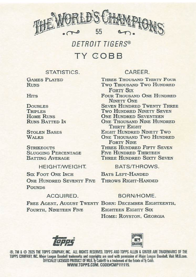 2025 Topps Allen & Ginter Baseball Ty Cobb #55