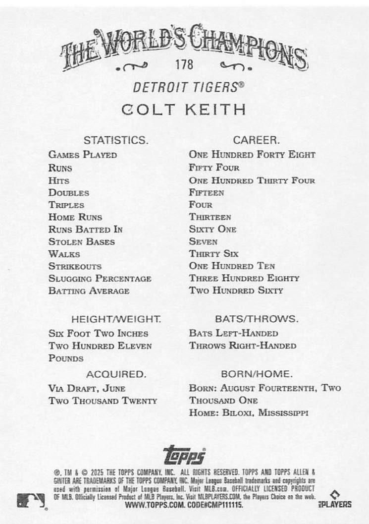 2025 Topps Allen & Ginter Baseball Colt Keith #178