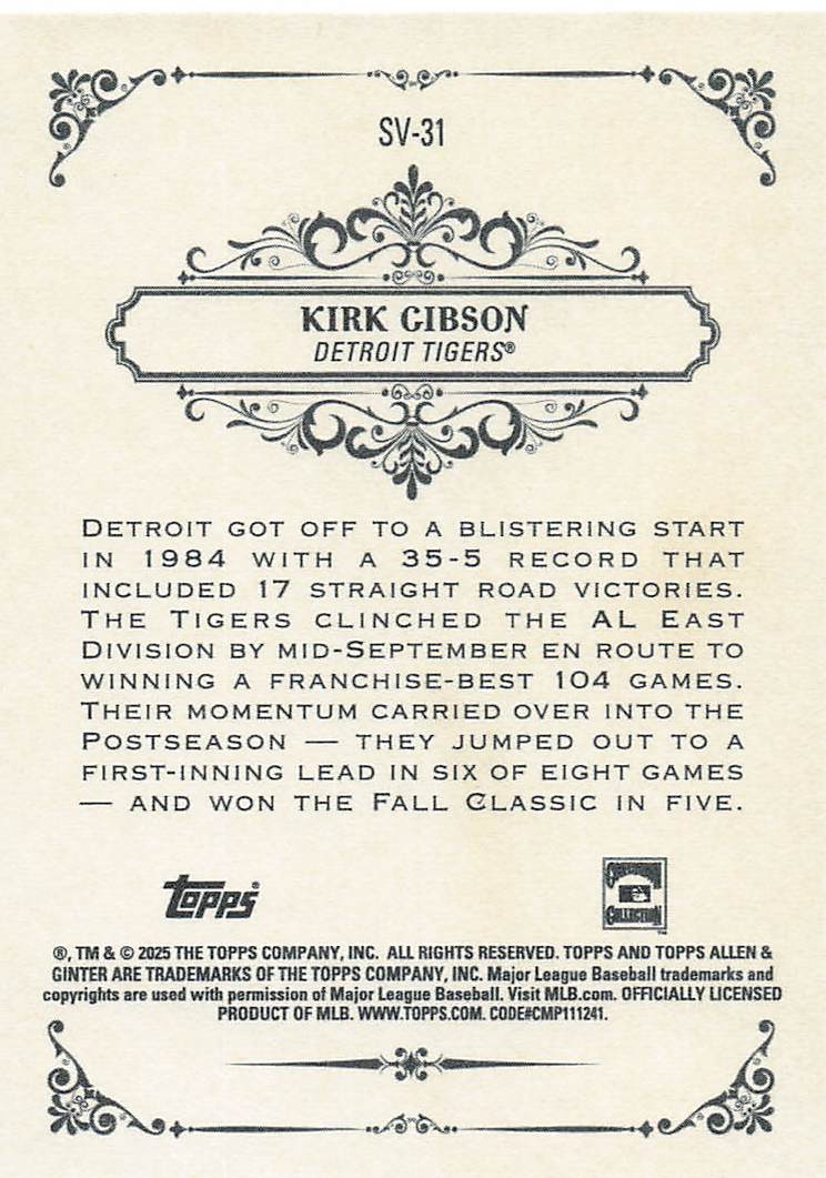 2025 Topps Allen & Ginter Baseball Sweet Victory Kirk Gibson #SV-31
