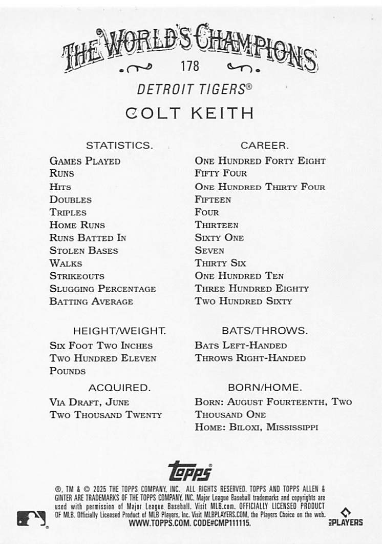 2025 Topps Allen & Ginter Baseball Silver Portrait Colt Keith #178