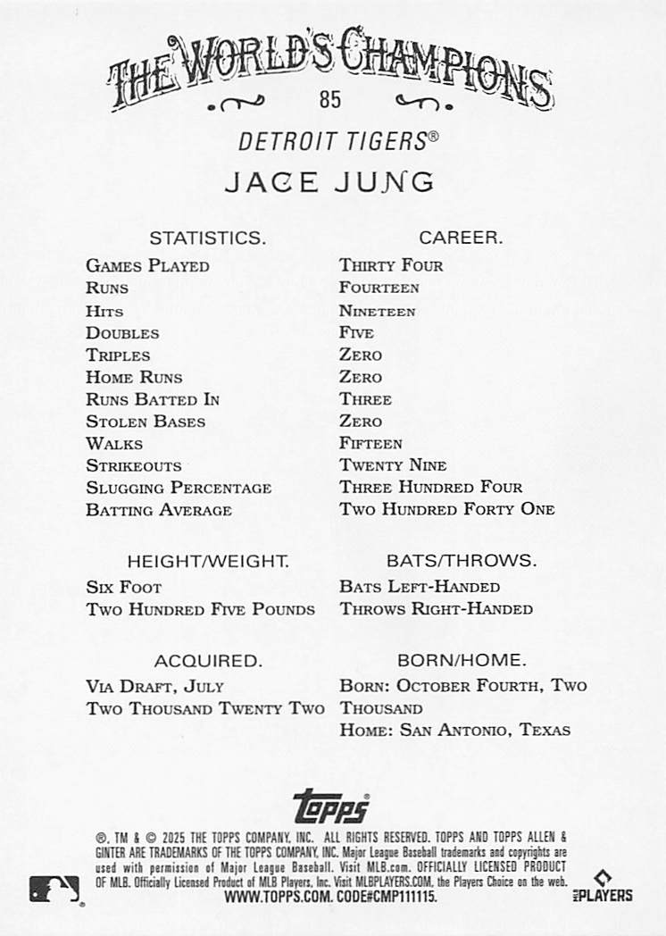 2025 Topps Allen & Ginter Baseball Silver Portrait Jace Jung #85 Rookie