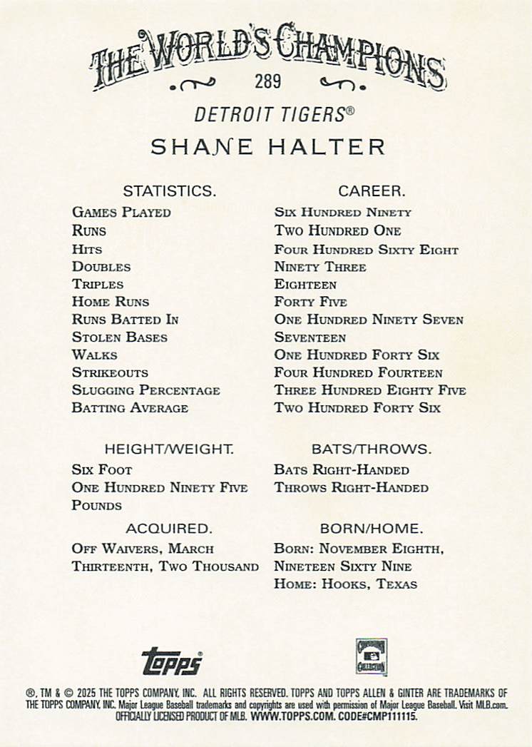 2025 Topps Allen & Ginter Baseball Shane Halter #289