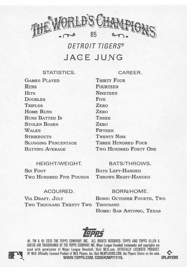 2025 Topps Allen & Ginter Baseball Foil Filagree Jace Jung #85 Rookie