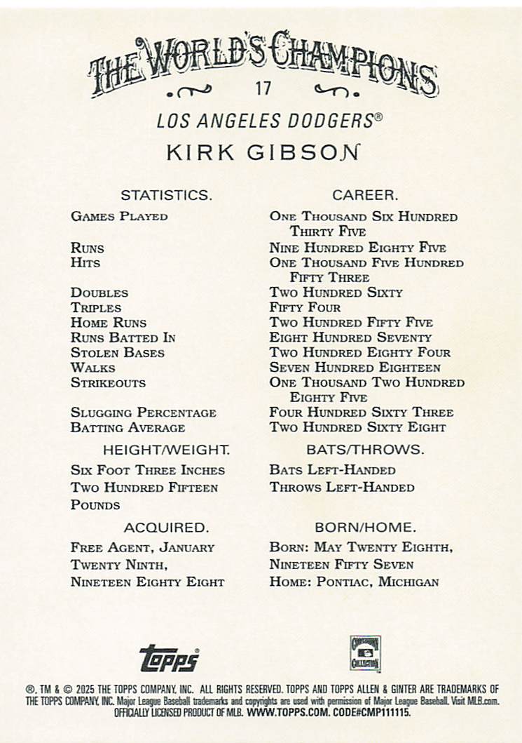 2025 Topps Allen & Ginter Baseball Silver Portrait Kirk Gibson #17