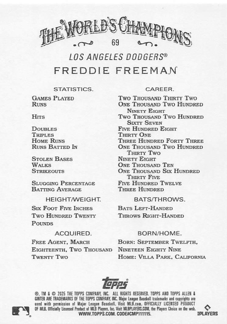 2025 Topps Allen & Ginter Baseball Freddie Freeman #69