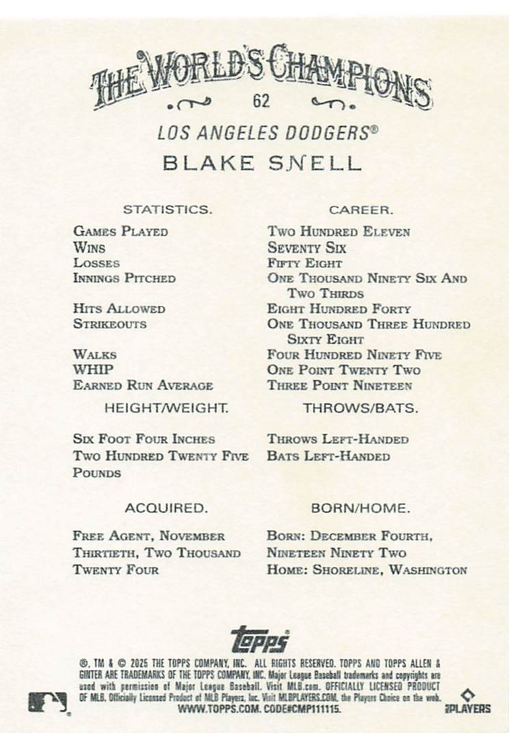 2025 Topps Allen & Ginter Baseball Blake Snell #62