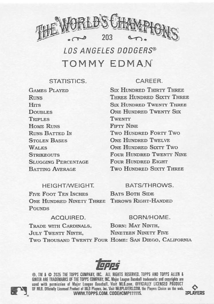 2025 Topps Allen & Ginter Baseball Tommy Edman #203