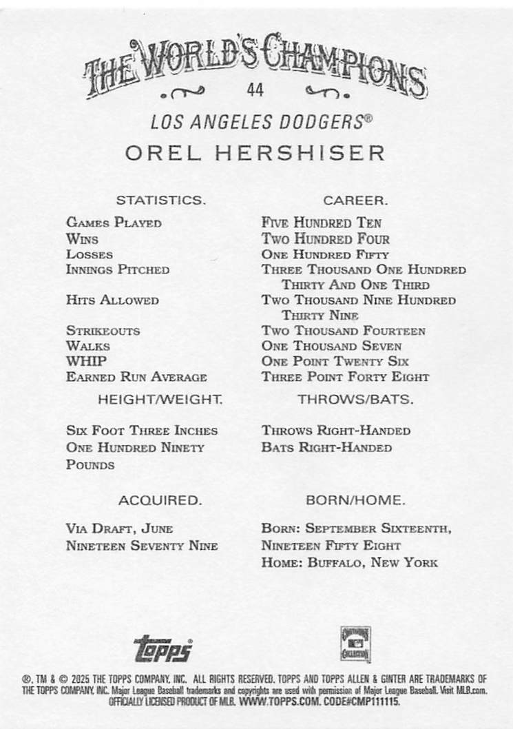 2025 Topps Allen & Ginter Baseball Orel Hershiser #44