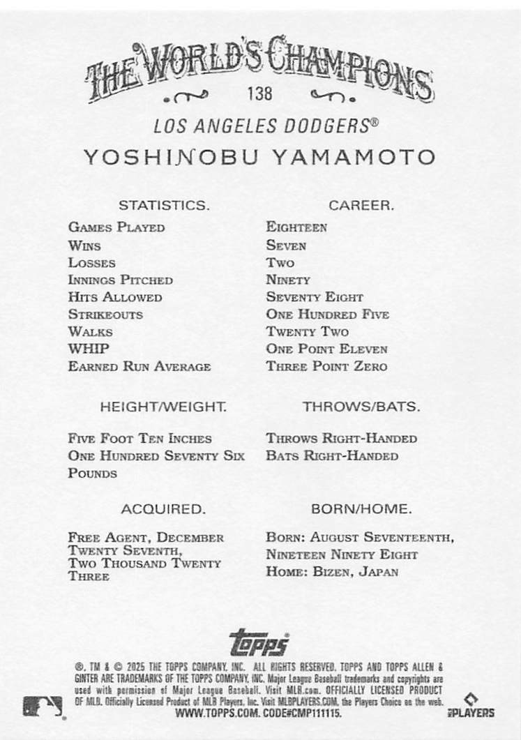 2025 Topps Allen & Ginter Baseball Yoshinobu Yamamoto #138