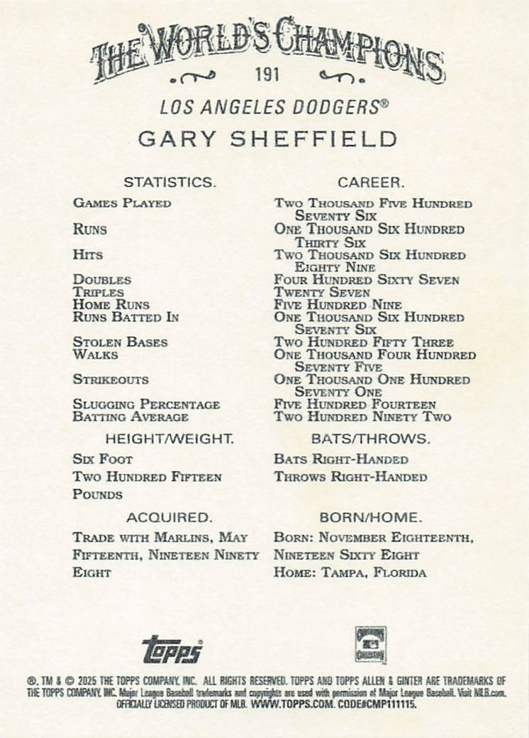 2025 Topps Allen & Ginter Baseball Gary Sheffield #191