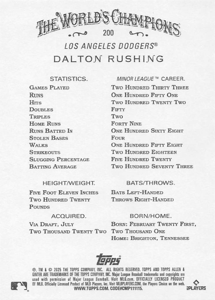 2025 Topps Allen & Ginter Baseball Dalton Rushing #200 Rookie