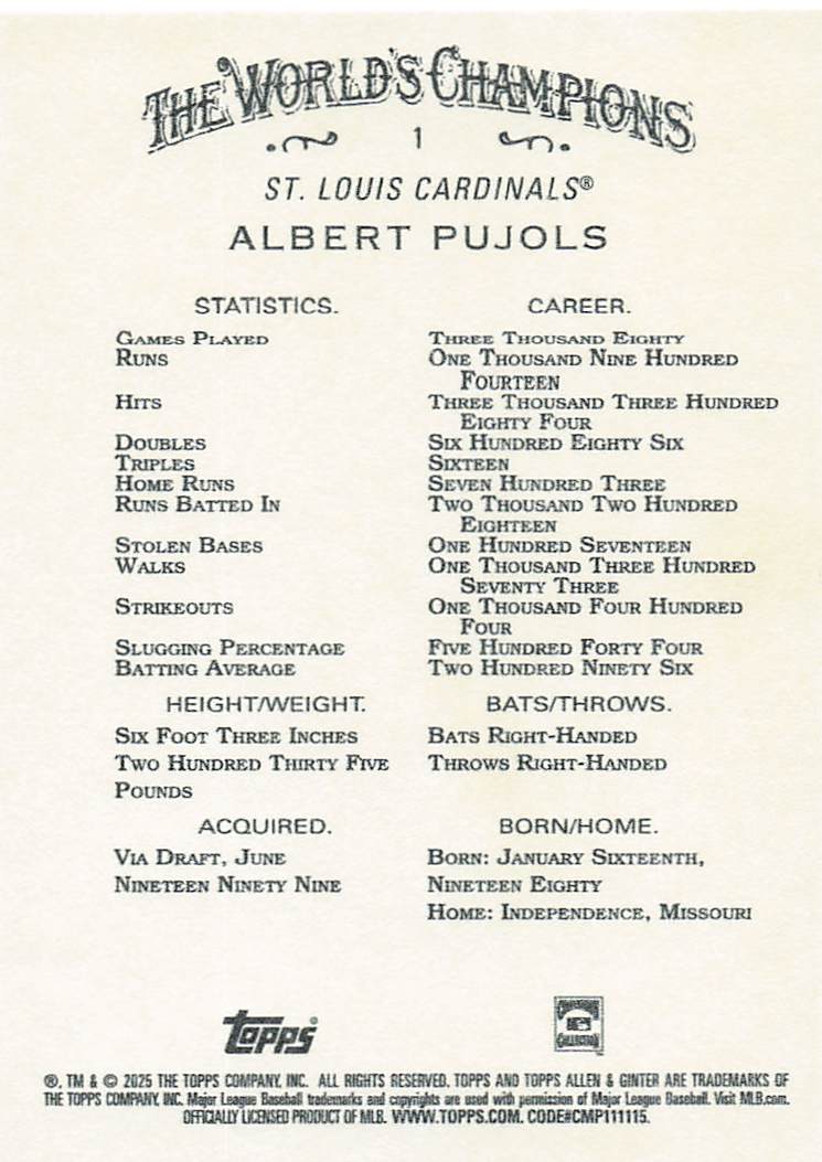 2025 Topps Allen & Ginter Baseball Albert Pujols #1