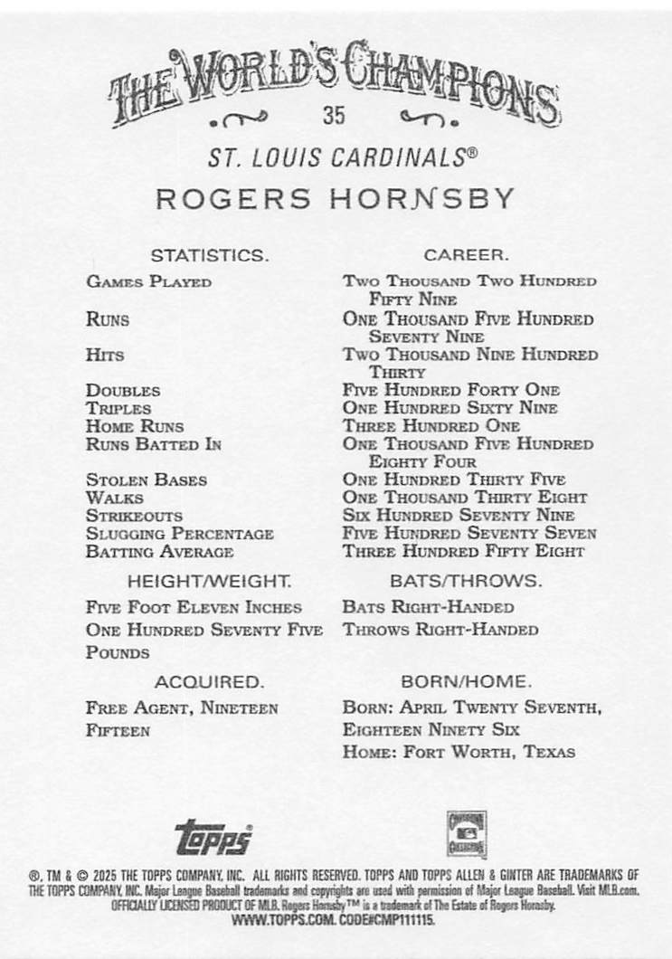 2025 Topps Allen & Ginter Baseball Rogers Hornsby #35