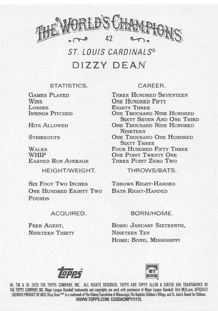 2025 Topps Allen & Ginter Baseball Dizzy Dean #42