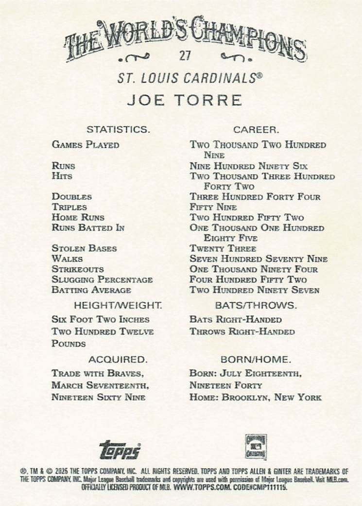 2025 Topps Allen & Ginter Baseball Joe Torre #27