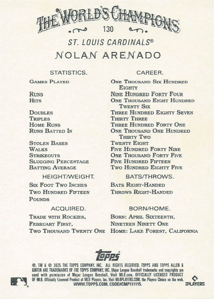 2025 Topps Allen & Ginter Baseball Nolan Arenado #130
