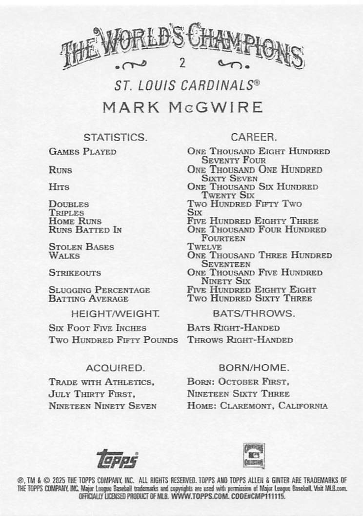 2025 Topps Allen & Ginter Baseball Mark McGwire #2