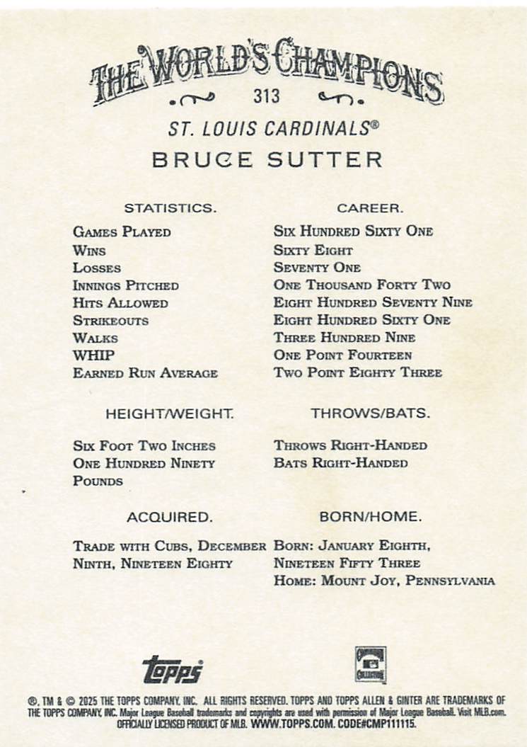 2025 Topps Allen & Ginter Baseball Bruce Sutter #313