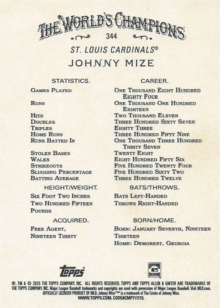 2025 Topps Allen & Ginter Baseball Johnny Mize #344