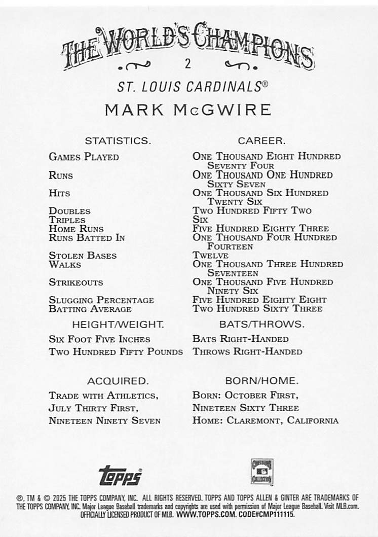 2025 Topps Allen & Ginter Baseball Silver Portrait Mark McGwire #2