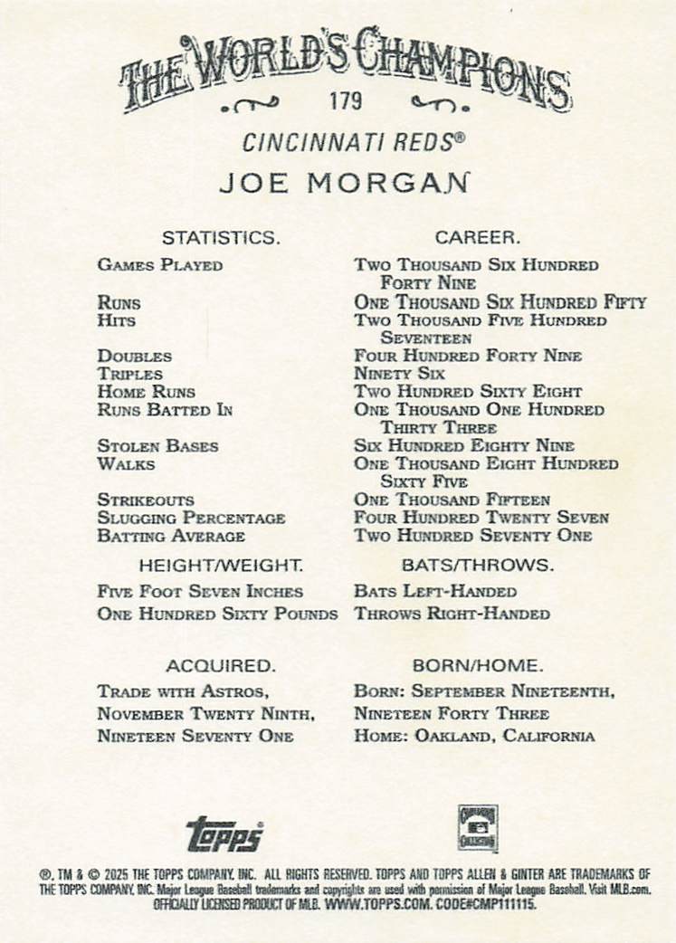 2025 Topps Allen & Ginter Baseball Joe Morgan #179