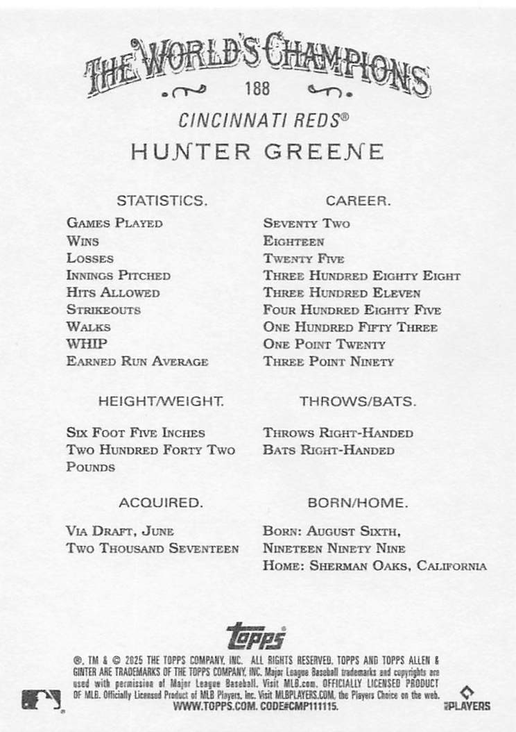 2025 Topps Allen & Ginter Baseball Hunter Greene #188