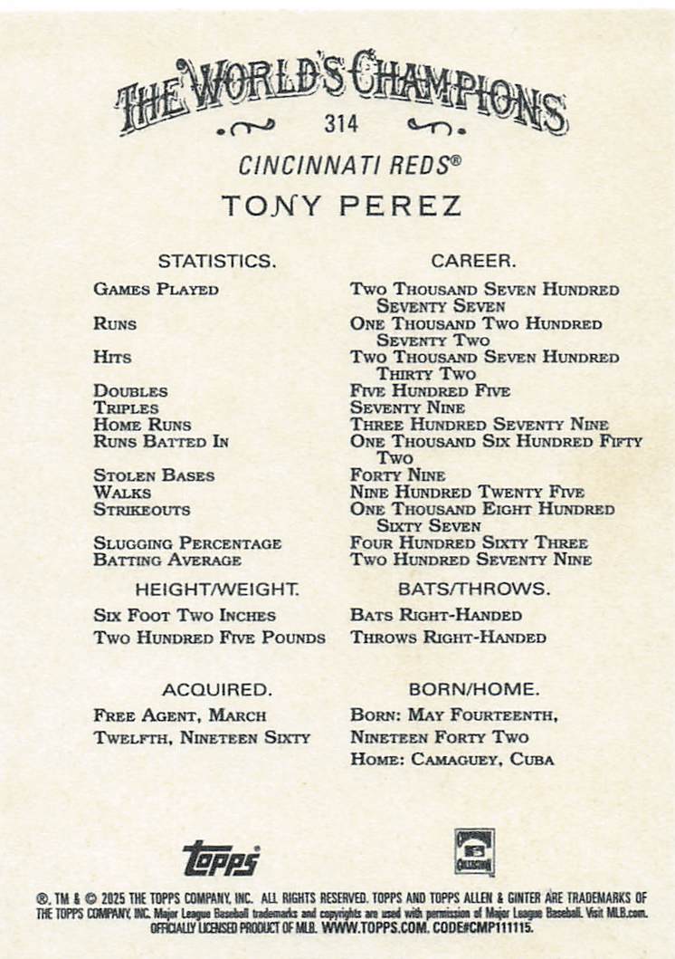 2025 Topps Allen & Ginter Baseball Tony Perez #314