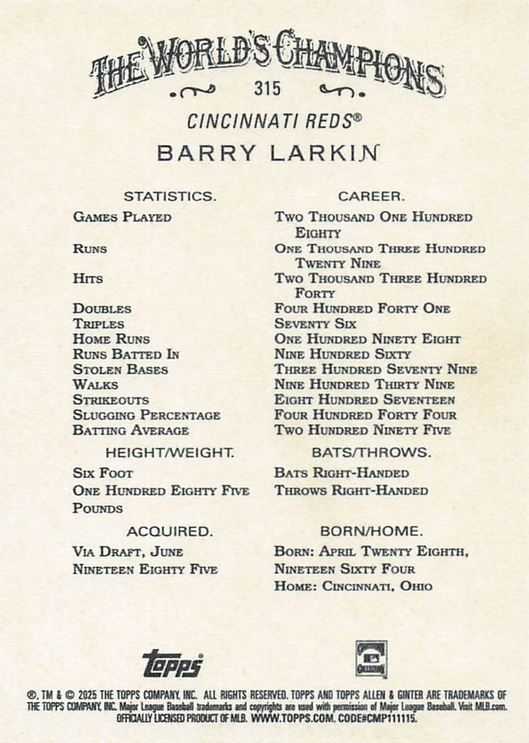 2025 Topps Allen & Ginter Baseball Barry Larkin #315