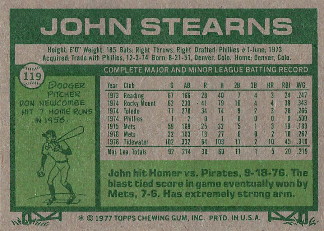 1977 Topps Baseball John Stearns #119