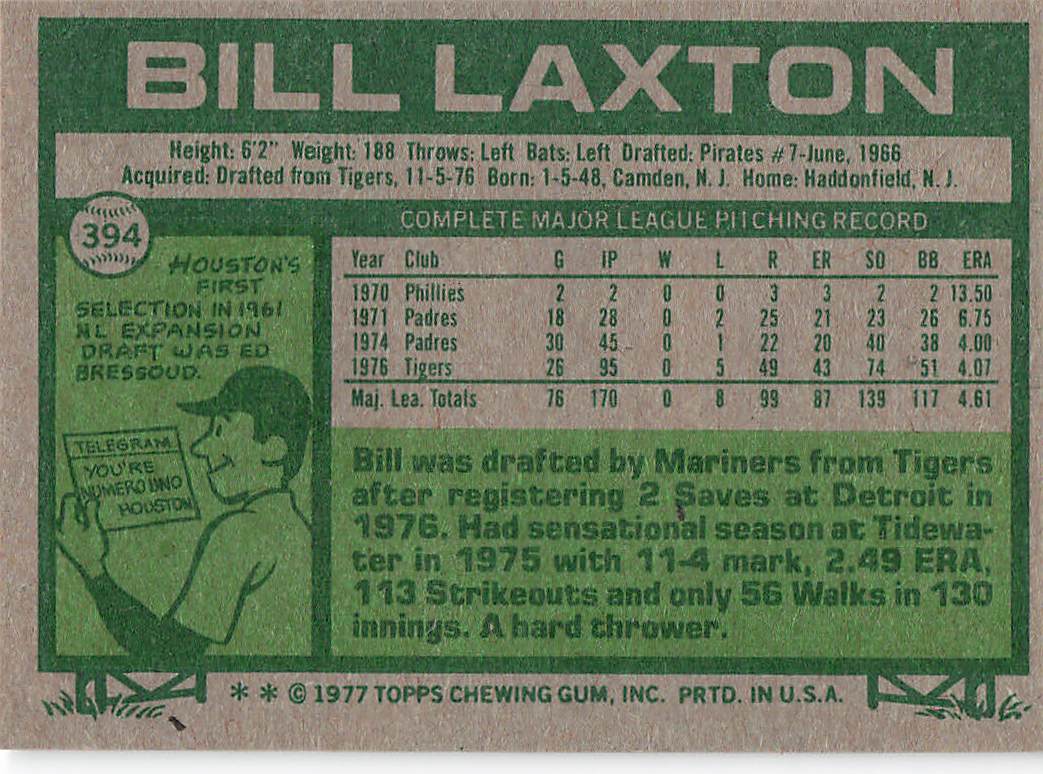 1977 Topps Baseball Bill Laxton #394 Rookie