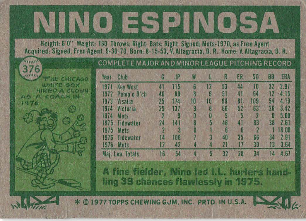 1977 Topps Baseball Nino Espinosa #376 Rookie
