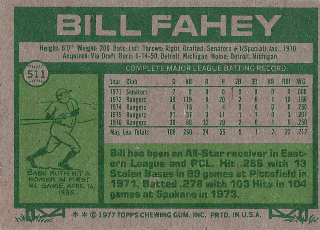 1977 Topps Baseball Bill Fahey #511