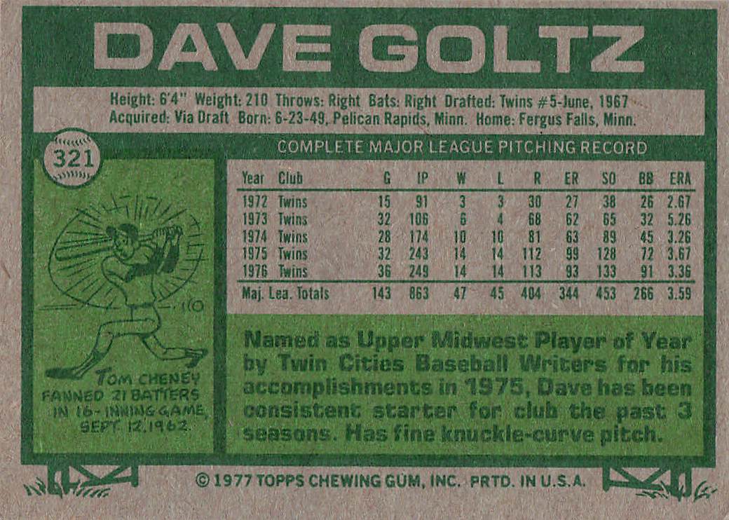 1977 Topps Baseball Dave Goltz #321