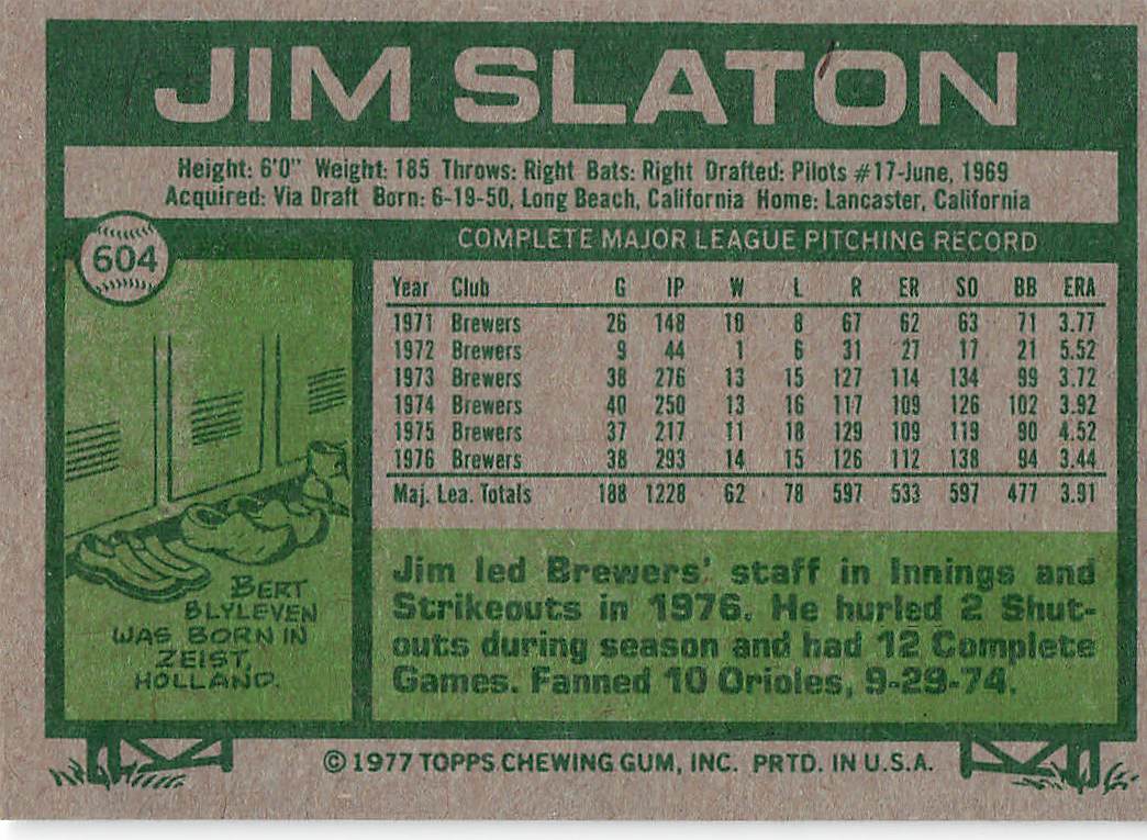 1977 Topps Baseball Jim Slaton #604