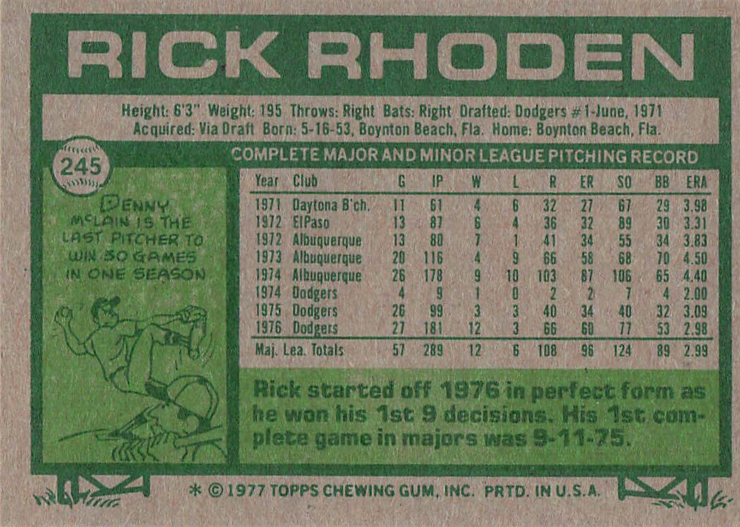 1977 Topps Baseball Rick Rhoden #245