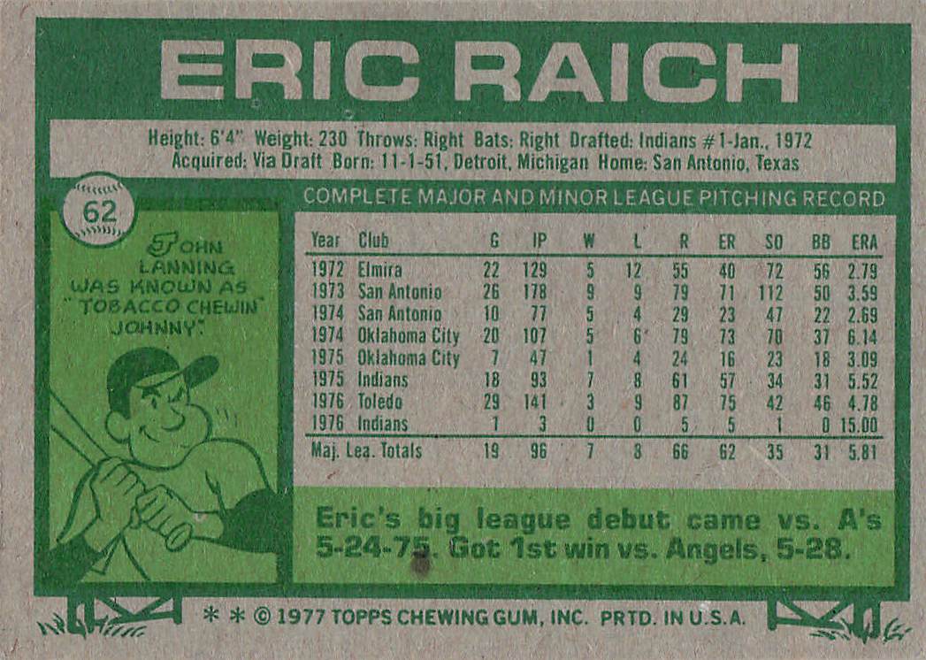 1977 Topps Baseball Eric Raich #62
