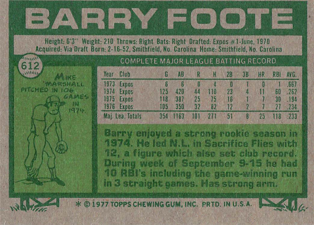 1977 Topps Baseball Barry Foote #612