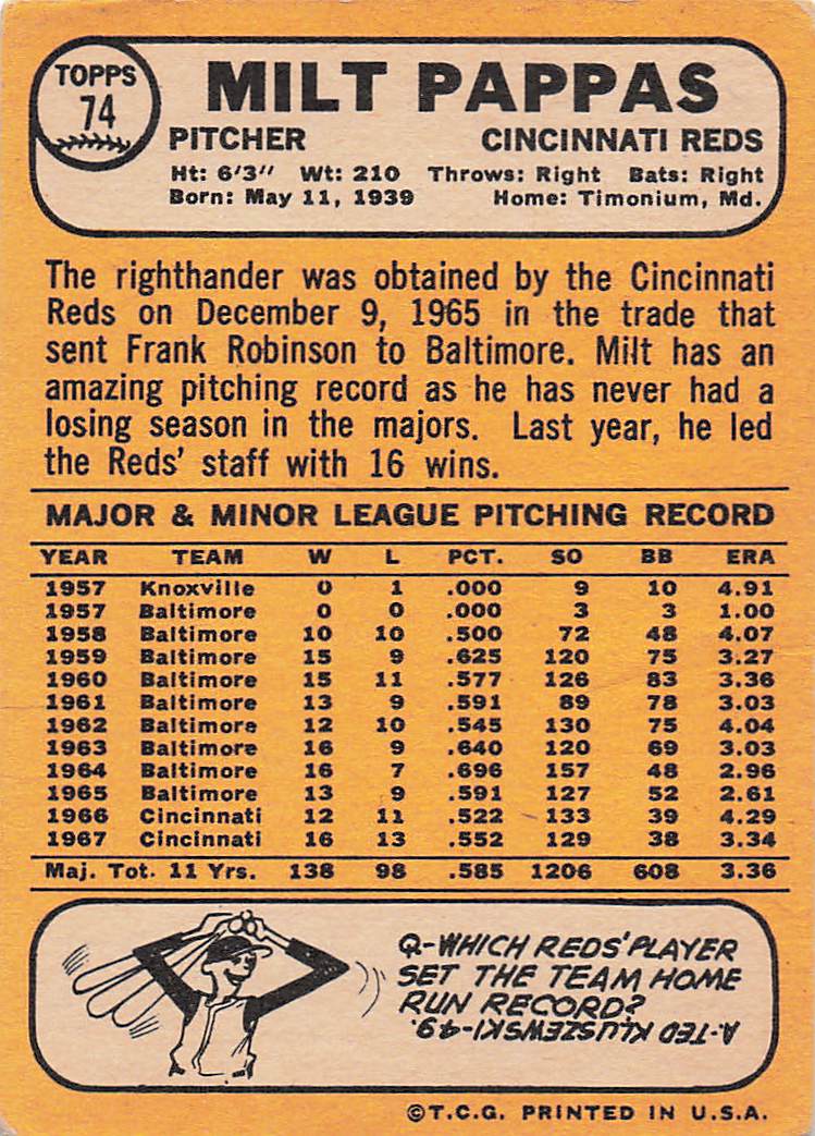 1968 Topps Baseball Milt Pappas #74