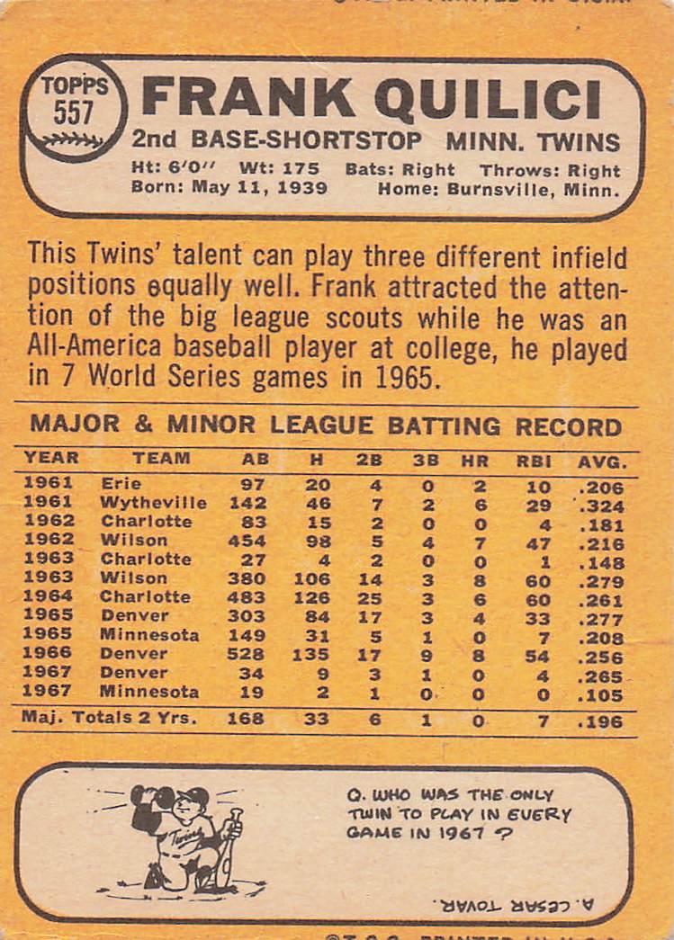 1968 Topps Baseball Frank Quilici #557