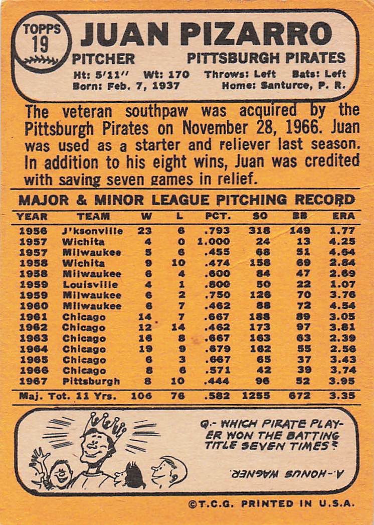 1968 Topps Baseball Juan Pizarro #19