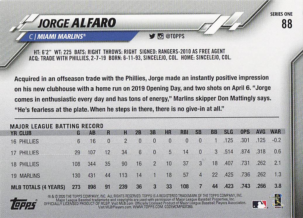 2020 Topps Baseball Jorge Alfaro #88