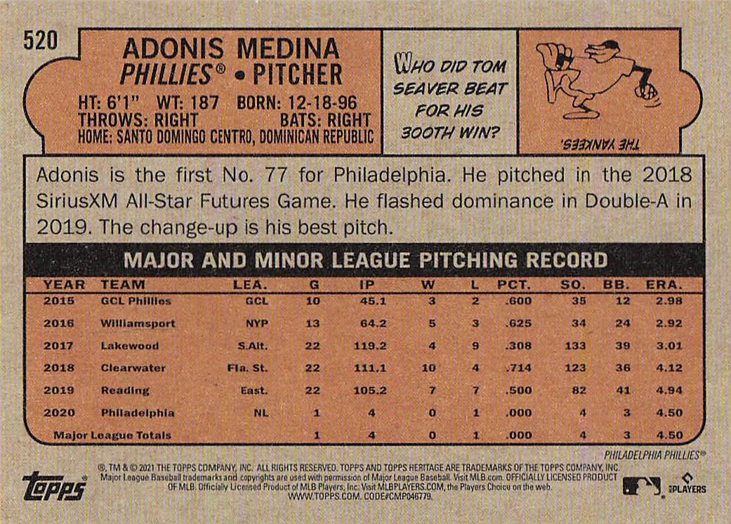2021 Topps Heritage Baseball Adonis Medina #520 Rookie