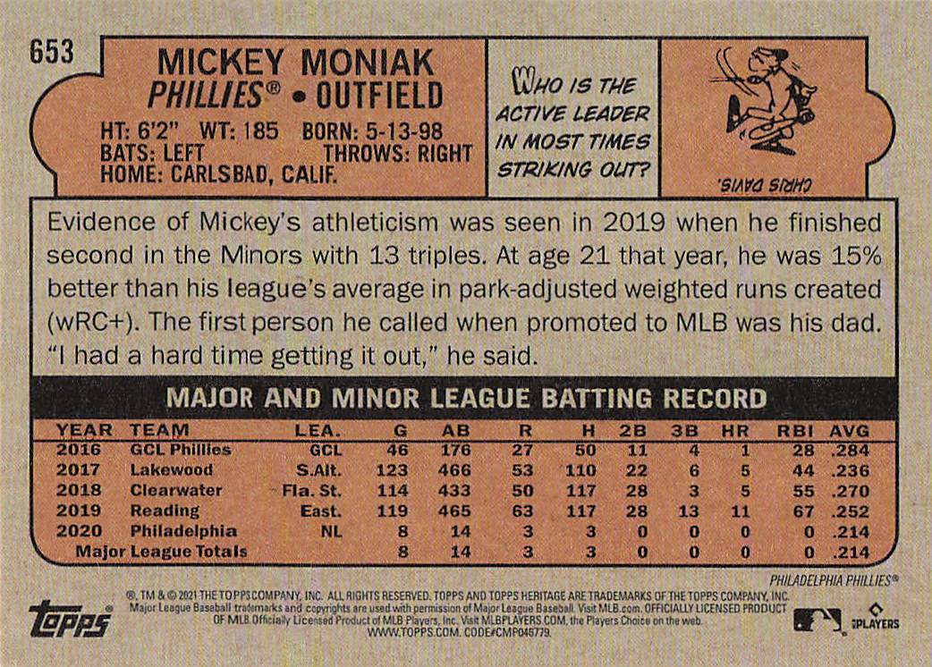 2021 Topps Heritage Baseball Mickey Moniak #653 Rookie