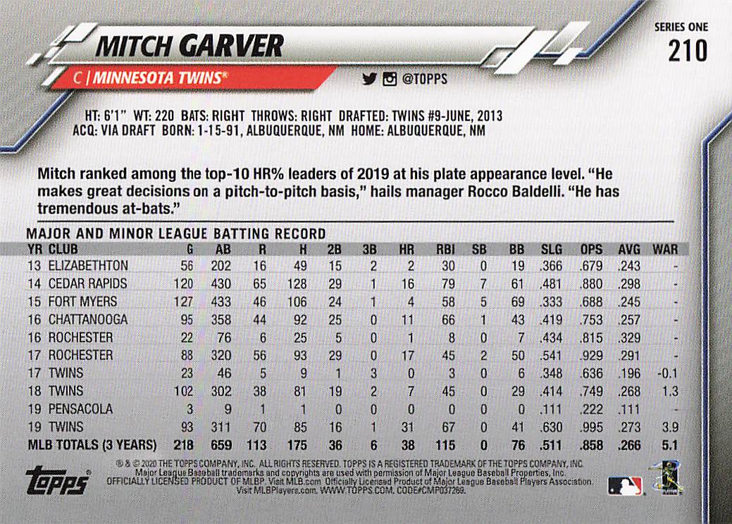 2020 Topps Baseball Mitch Garver #210