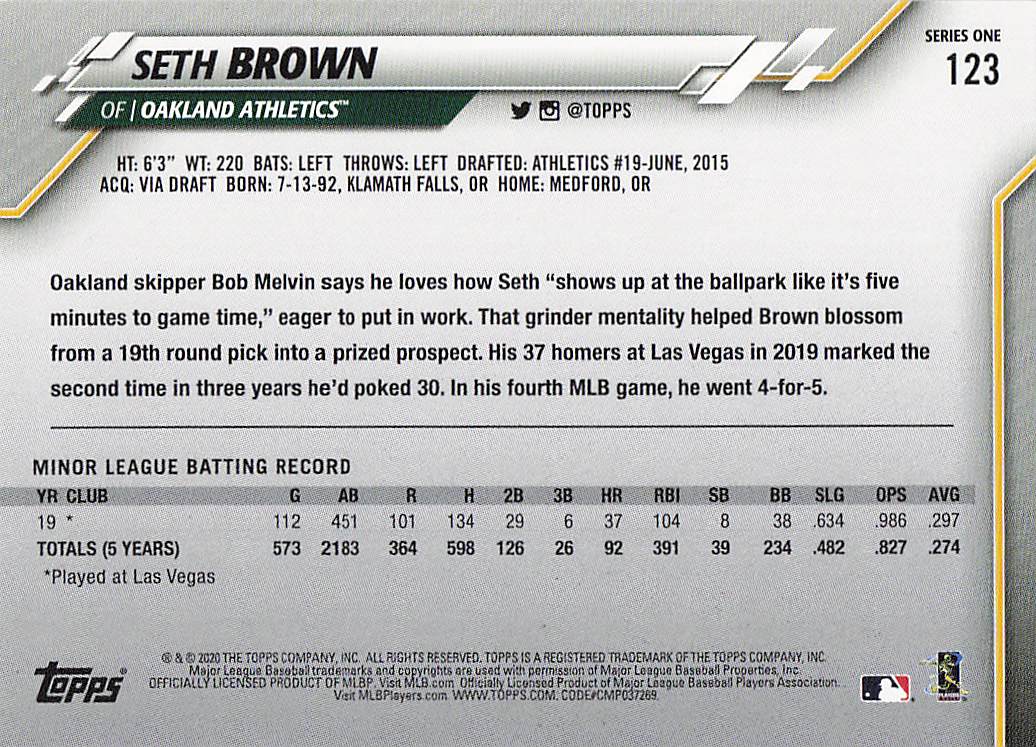 2020 Topps Baseball Seth Brown #123 Rookie